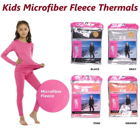 Girls Microfiber Fleece Thermal Long Johns 2-pc Set, Black - Picture 3 of 4